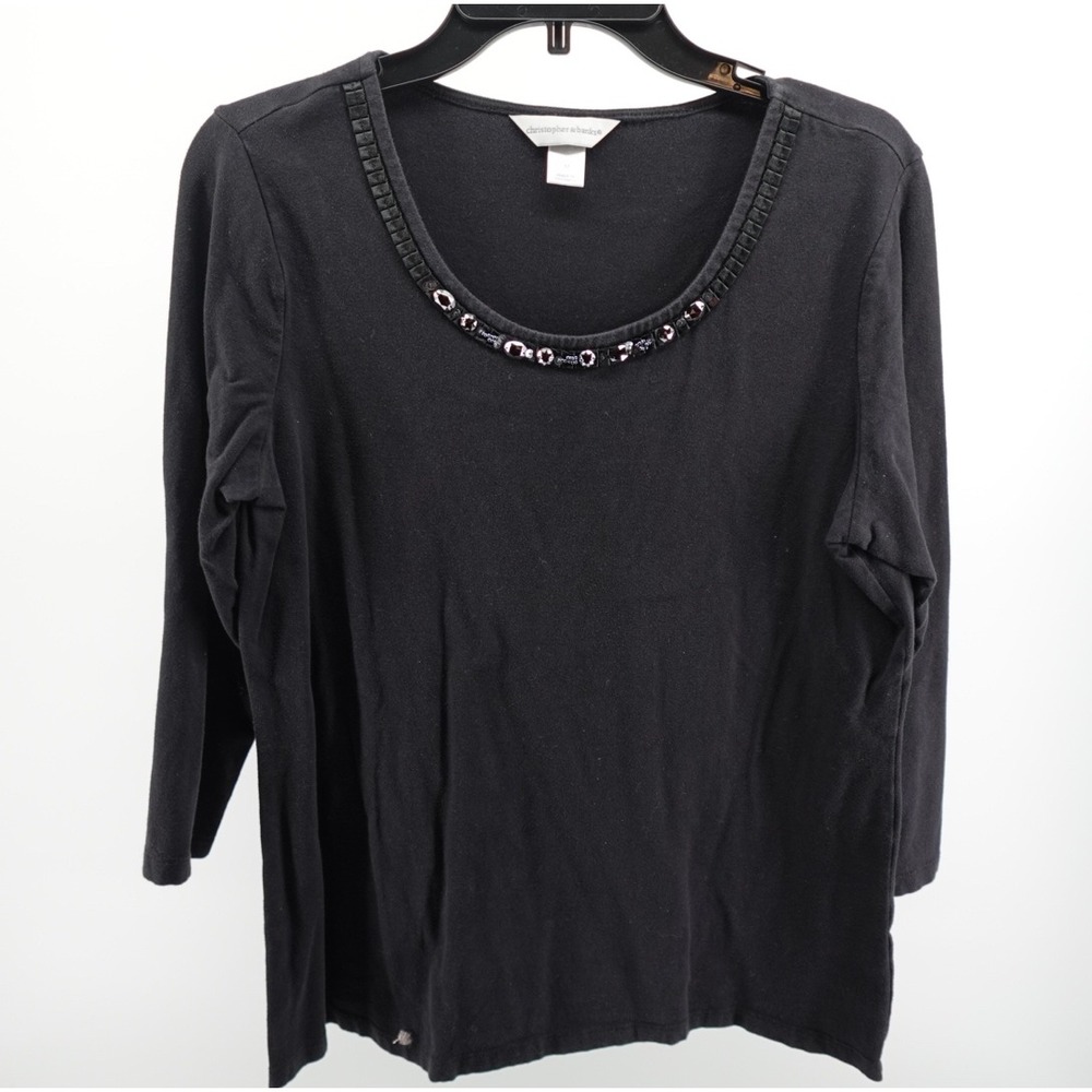 Christopher & Banks Womens Black Beaded Scoop Neck 3/4 Sleeve Top‎ Medium